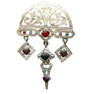 Vtg Silver Tone Revival  Filigree Dangle Rhinestone Cabochon Pin Brooch